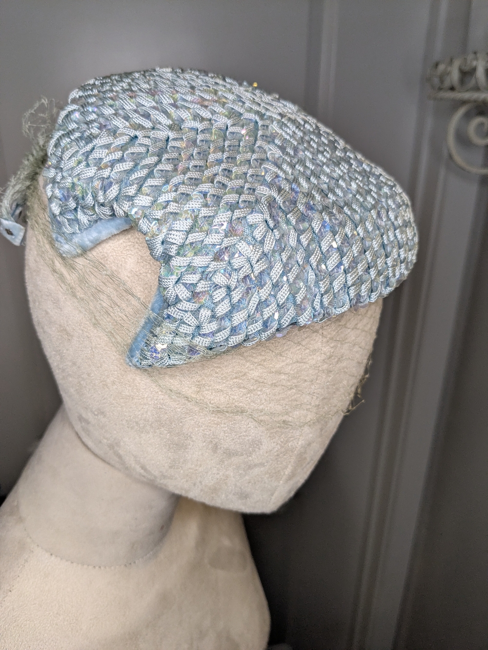 Vintage 50s 60s Blue Formal Halo Hat Sequins W/ Netting By Clover Lane